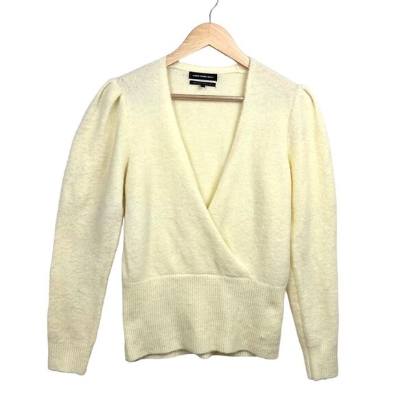 Something Navy Yellow Alpaca blend v neck faux‎ wrap Sweater size S - Picture 2 of 8